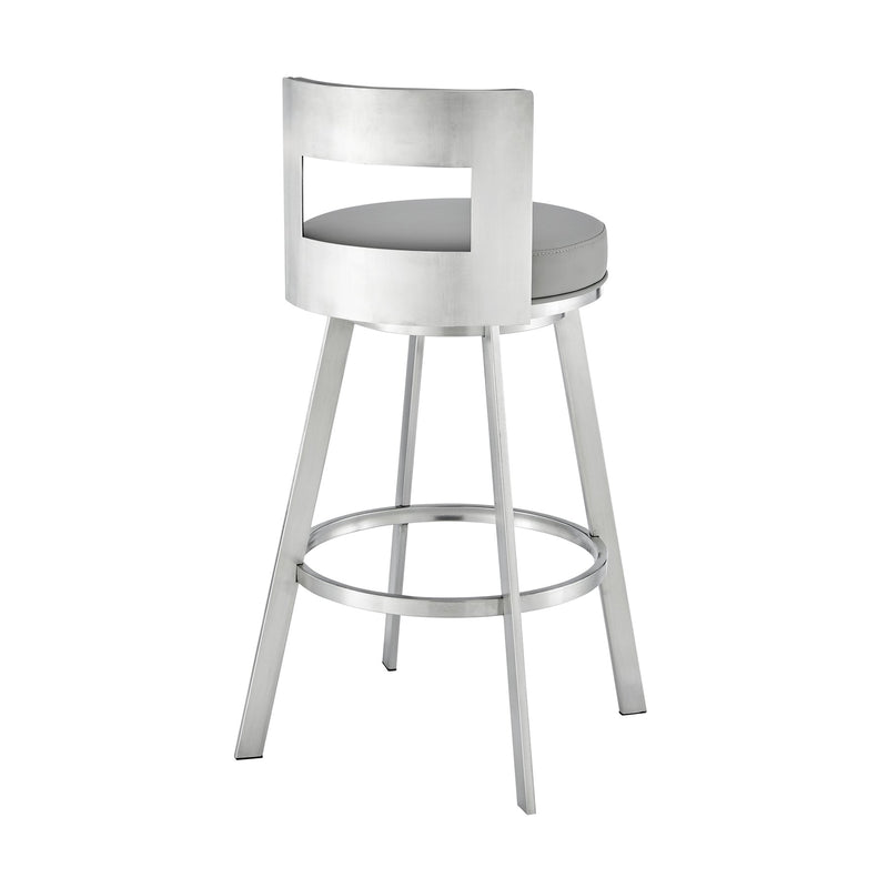 Flynn 30" Swivel Bar Stool in Brushed Stainless Steel with Light Gray Faux Leather - Furniture City (CA)l