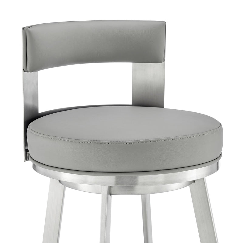 Flynn 30" Swivel Bar Stool in Brushed Stainless Steel with Light Gray Faux Leather - Furniture City (CA)l