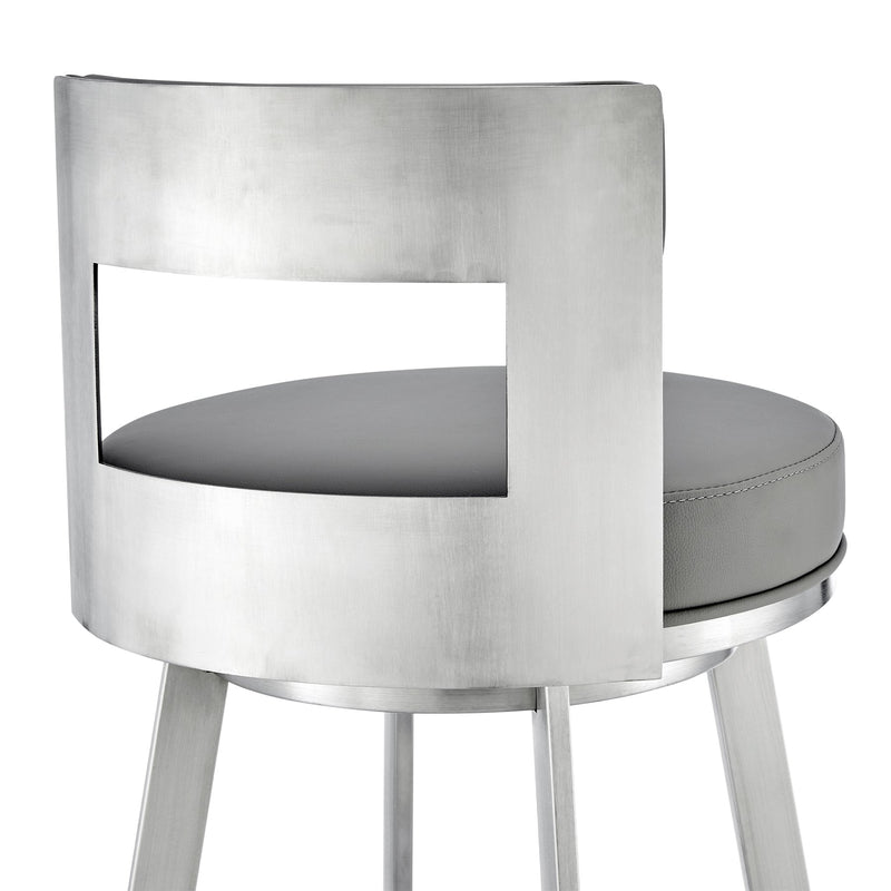 Flynn 30" Swivel Bar Stool in Brushed Stainless Steel with Light Gray Faux Leather - Furniture City (CA)l