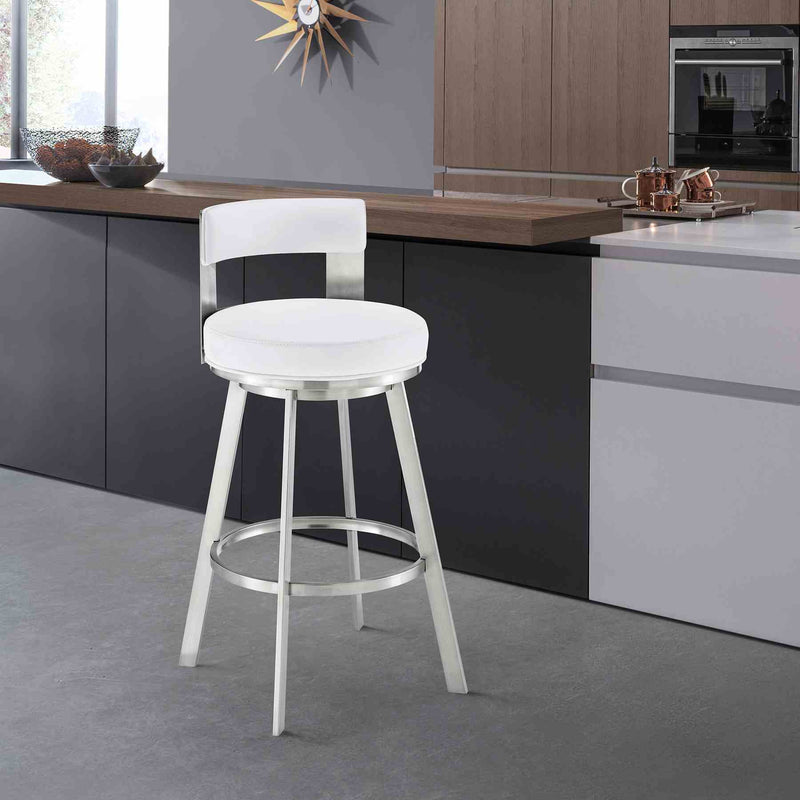 Flynn 26" Swivel Counter Stool in Brushed Stainless Steel with White Faux Leather - Furniture City (CA)l