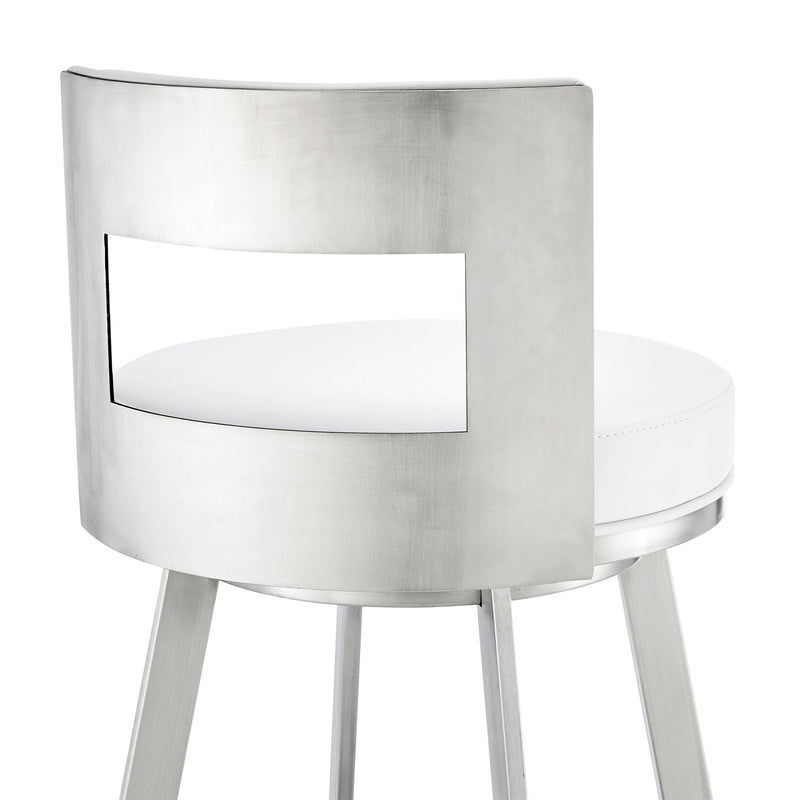 Flynn 30" Swivel Bar Stool in Brushed Stainless Steel with White Faux Leather - Furniture City (CA)l