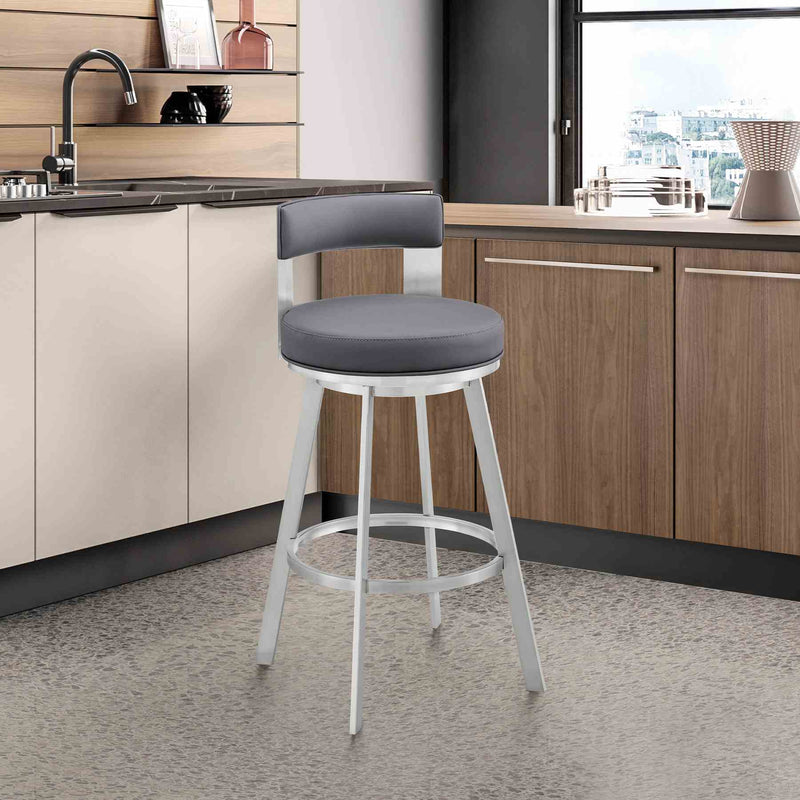 Flynn 26" Swivel Counter Stool in Silver Metal with Gray Faux Leather - Furniture City (CA)l