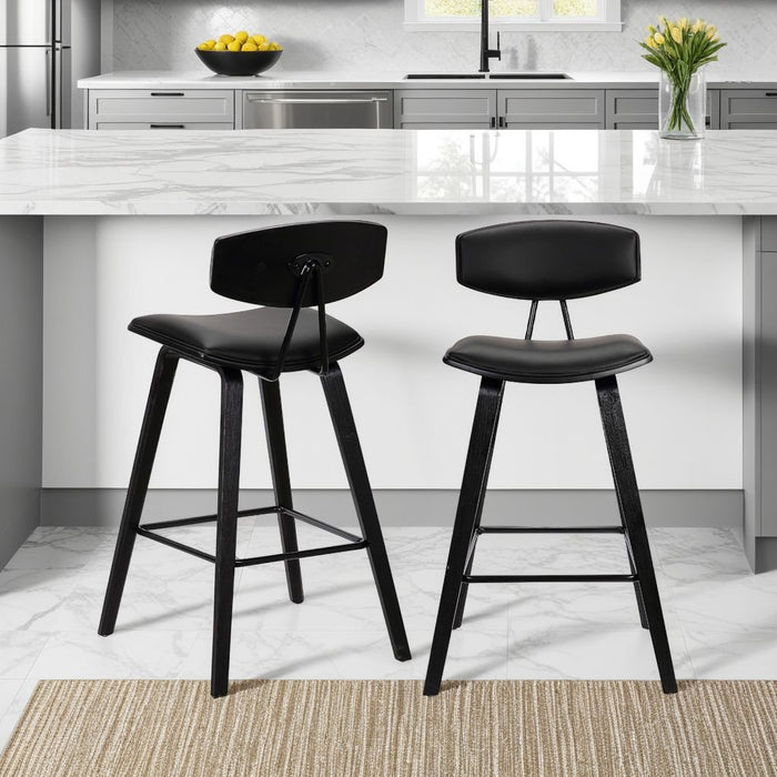 Fox 25.5" Counter Height Black Faux Leather and Black Wood Mid-Century Modern Bar Stool