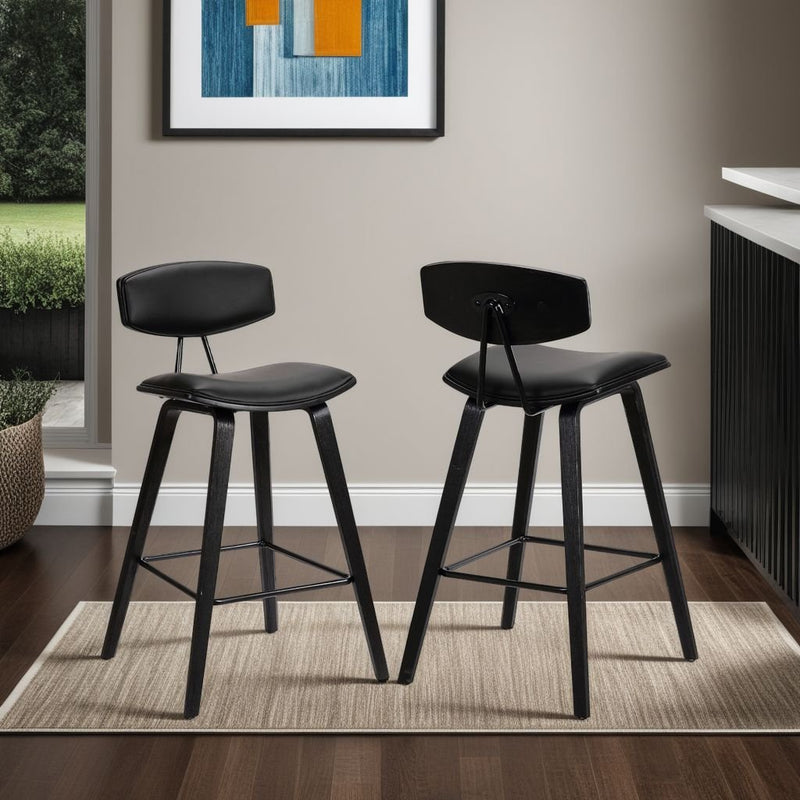 Fox 28.5" Bar Height Black Faux Leather and Black Wood Mid-Century Modern Bar Stool - Furniture City (CA)l