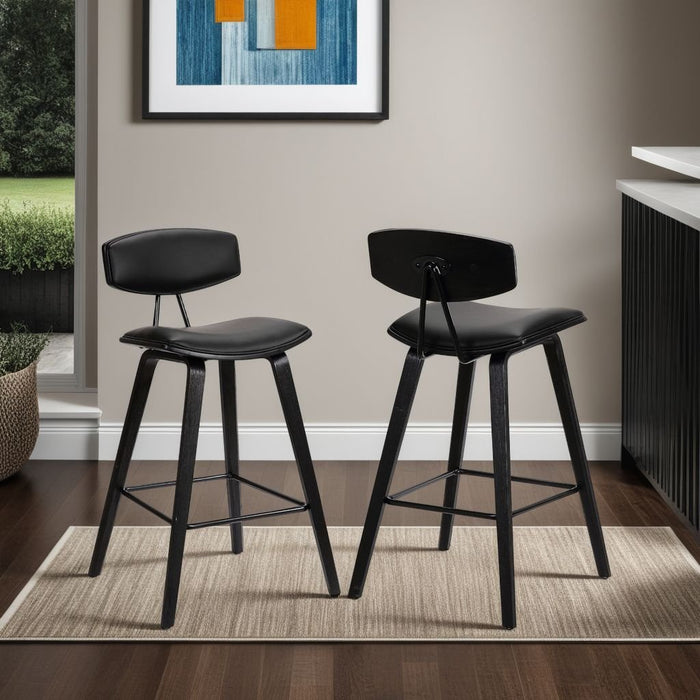 Fox 28.5" Bar Height Black Faux Leather and Black Wood Mid-Century Modern Bar Stool