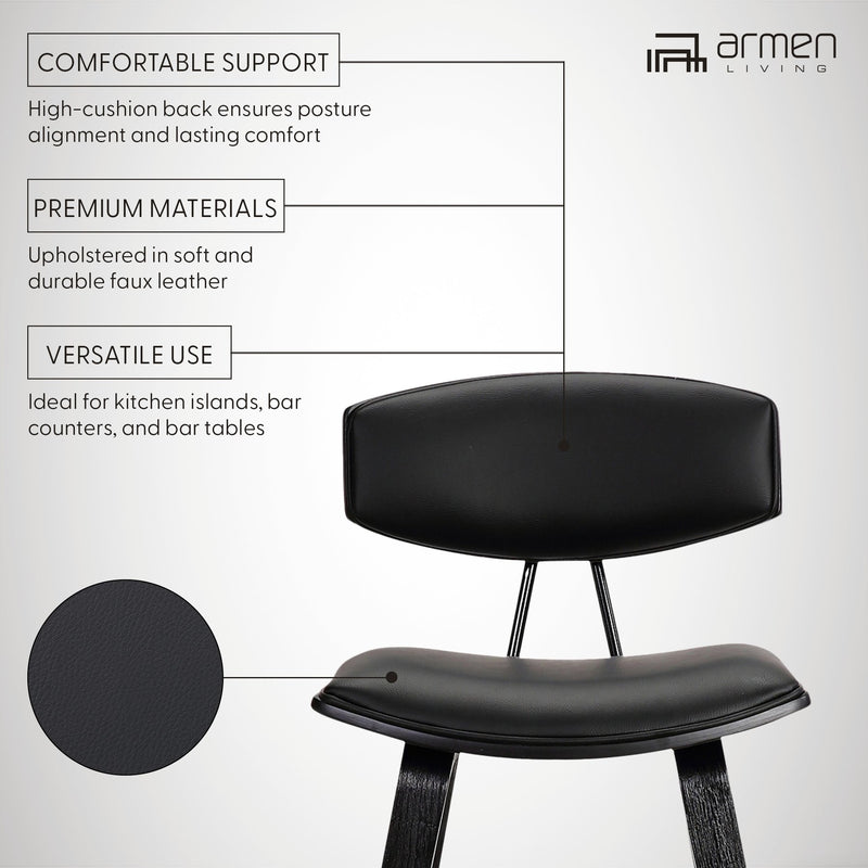 Fox 28.5" Bar Height Black Faux Leather and Black Wood Mid-Century Modern Bar Stool - Furniture City (CA)l