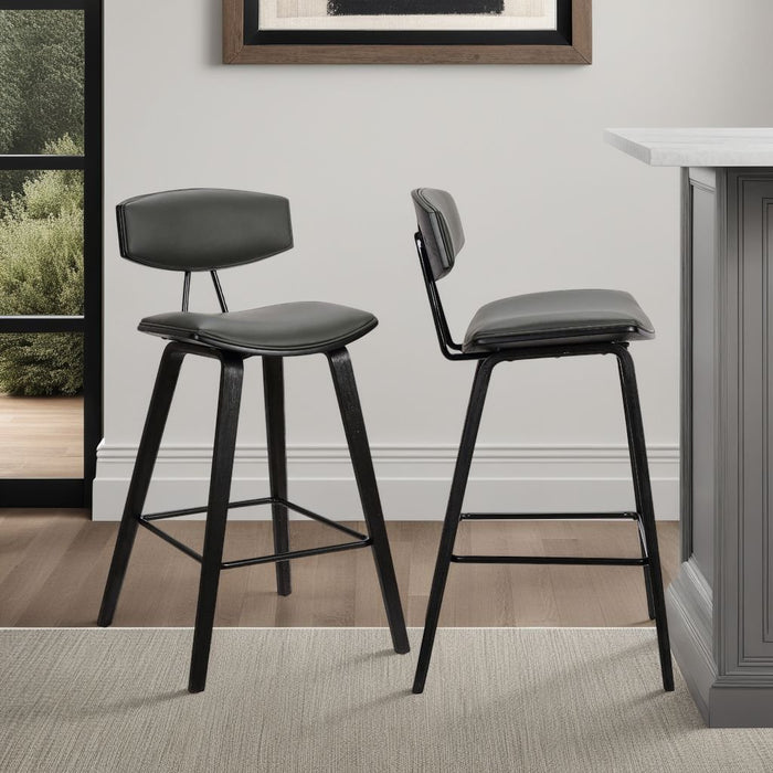Fox 25.5" Counter Height Gray Faux Leather and Black Wood Mid-Century Modern Bar Stool
