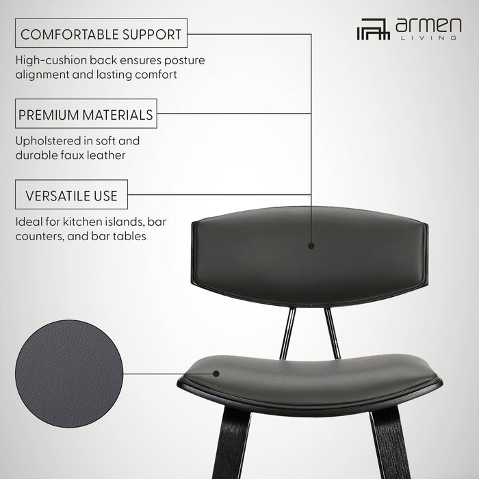 Fox 25.5" Counter Height Gray Faux Leather and Black Wood Mid-Century Modern Bar Stool