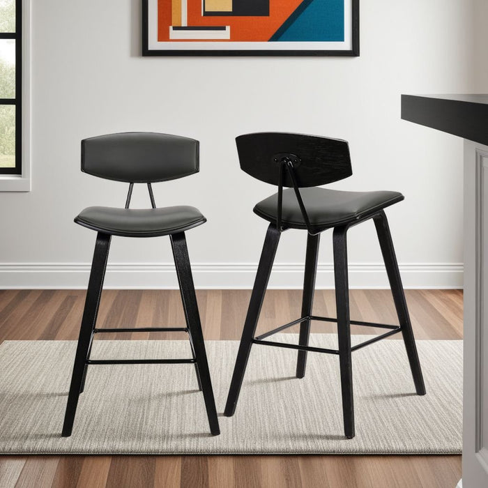 Fox 28.5" Bar Height Gray Faux Leather and Black Wood Mid-Century Modern Bar Stool