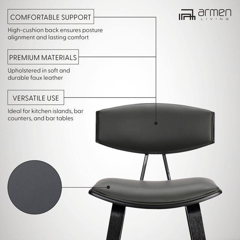 Fox 28.5" Bar Height Gray Faux Leather and Black Wood Mid-Century Modern Bar Stool - Furniture City (CA)l
