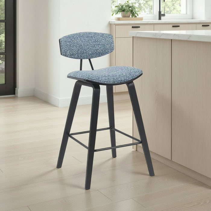 Fox Modern Swivel Counter Height Bar Stool with Speckled Blue Upholstered Seat and Black Brushed Wood Frame