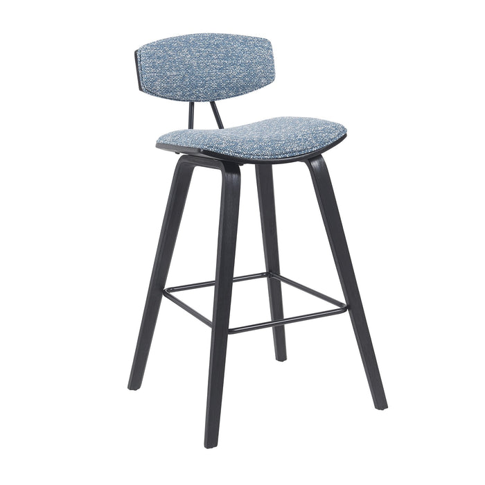 Fox Modern Swivel Bar Height Stool with Speckled Blue Upholstered Seat and Black Brushed Wood Frame