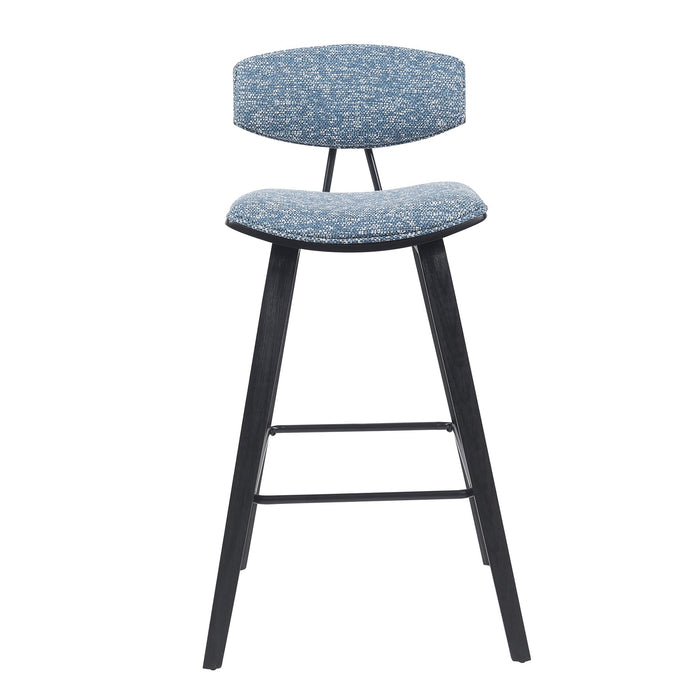 Fox Modern Swivel Bar Height Stool with Speckled Blue Upholstered Seat and Black Brushed Wood Frame