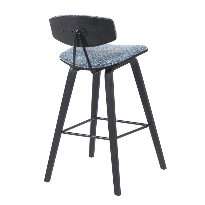 Fox Modern Swivel Bar Height Stool with Speckled Blue Upholstered Seat and Black Brushed Wood Frame