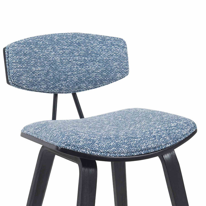 Fox Modern Swivel Bar Height Stool with Speckled Blue Upholstered Seat and Black Brushed Wood Frame