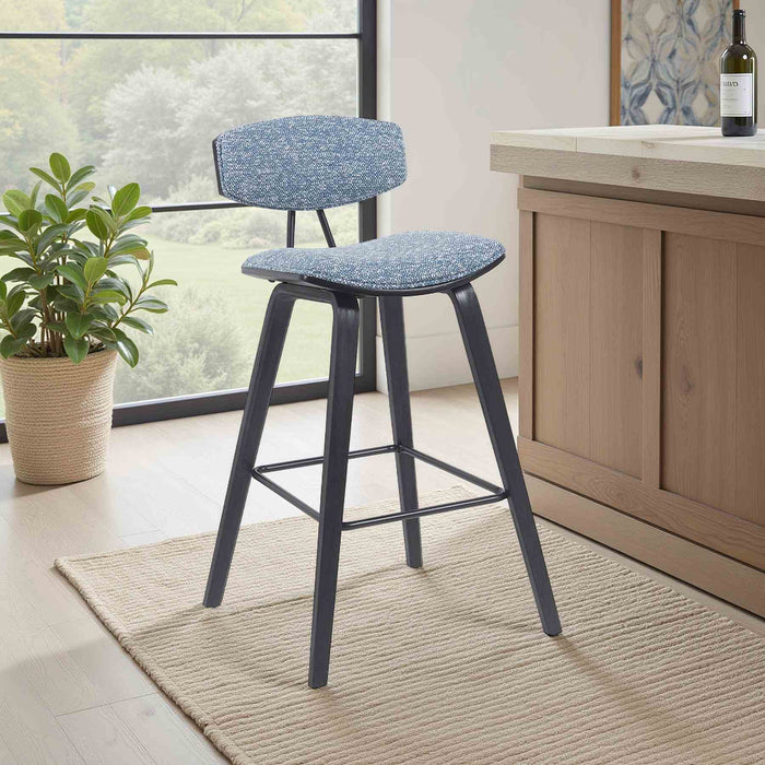 Fox Modern Swivel Bar Height Stool with Speckled Blue Upholstered Seat and Black Brushed Wood Frame