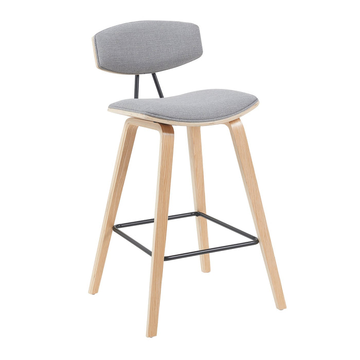 Fox Modern Swivel Counter Height Bar Stool with Grey Upholstered Seat and Patterned Oak Wood Frame