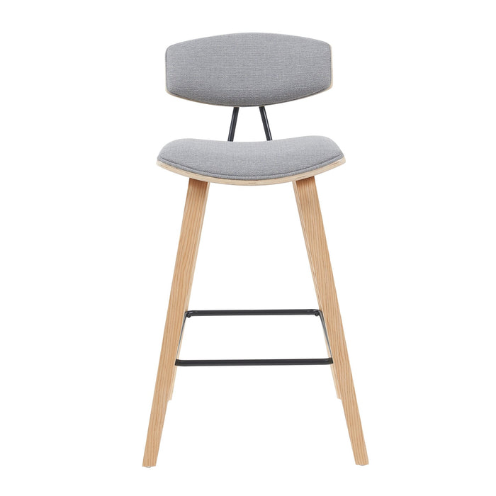 Fox Modern Swivel Counter Height Bar Stool with Grey Upholstered Seat and Patterned Oak Wood Frame