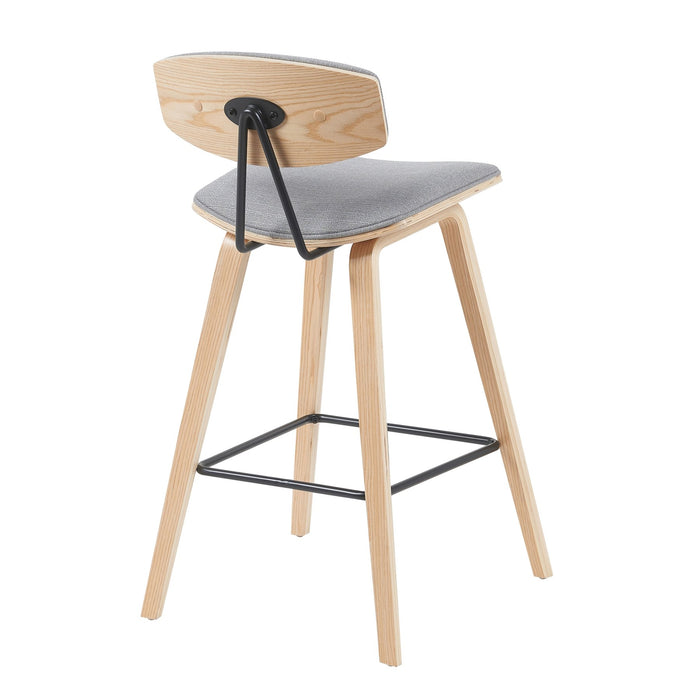 Fox Modern Swivel Counter Height Bar Stool with Grey Upholstered Seat and Patterned Oak Wood Frame