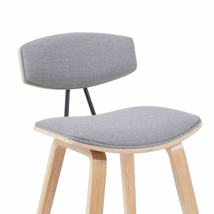 Fox Modern Swivel Counter Height Bar Stool with Grey Upholstered Seat and Patterned Oak Wood Frame