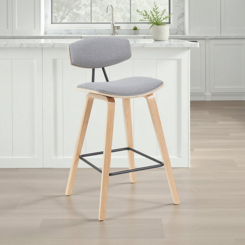 Fox Modern Swivel Counter Height Bar Stool with Grey Upholstered Seat and Patterned Oak Wood Frame - Furniture City (CA)l
