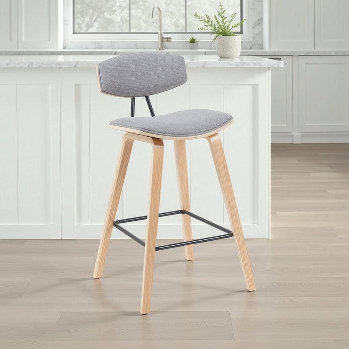 Fox Modern Swivel Counter Height Bar Stool with Grey Upholstered Seat and Patterned Oak Wood Frame