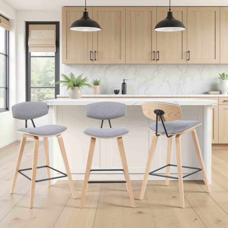 Fox Modern Swivel Counter Height Bar Stool with Grey Upholstered Seat and Patterned Oak Wood Frame - Furniture City (CA)l