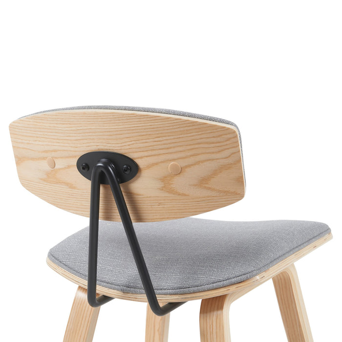 Fox Modern Swivel Bar Height Stool with Grey Upholstered Seat and Patterned Oak Wood Frame