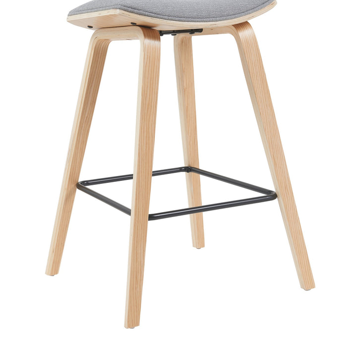 Fox Modern Swivel Bar Height Stool with Grey Upholstered Seat and Patterned Oak Wood Frame