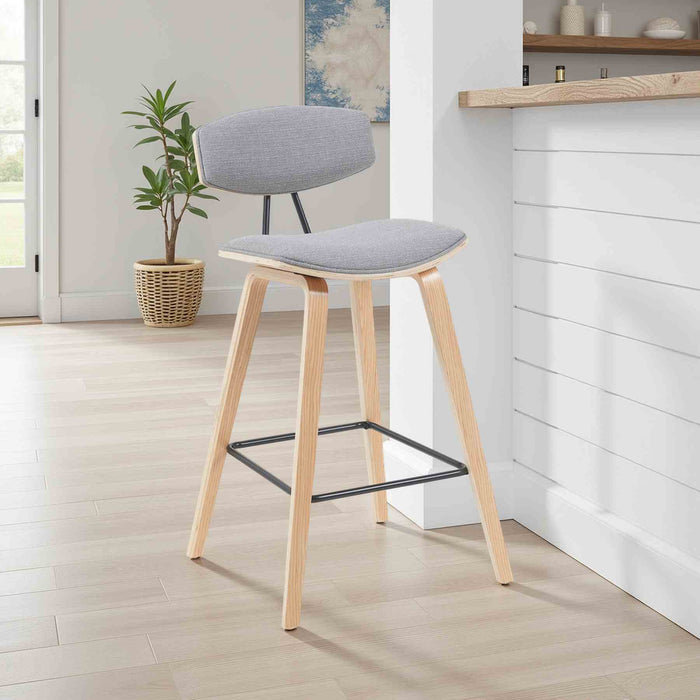 Fox Modern Swivel Bar Height Stool with Grey Upholstered Seat and Patterned Oak Wood Frame