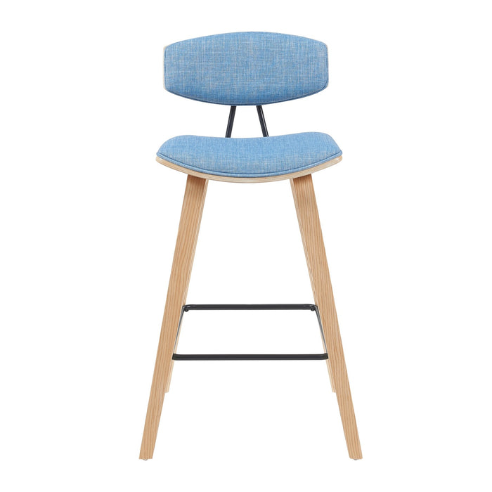 Fox Modern Swivel Counter Height Bar Stool with Light Blue Upholstered Seat and Patterned Oak Wood Frame