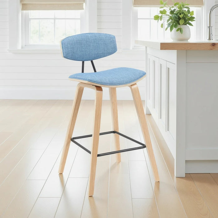 Fox Modern Swivel Counter Height Bar Stool with Light Blue Upholstered Seat and Patterned Oak Wood Frame