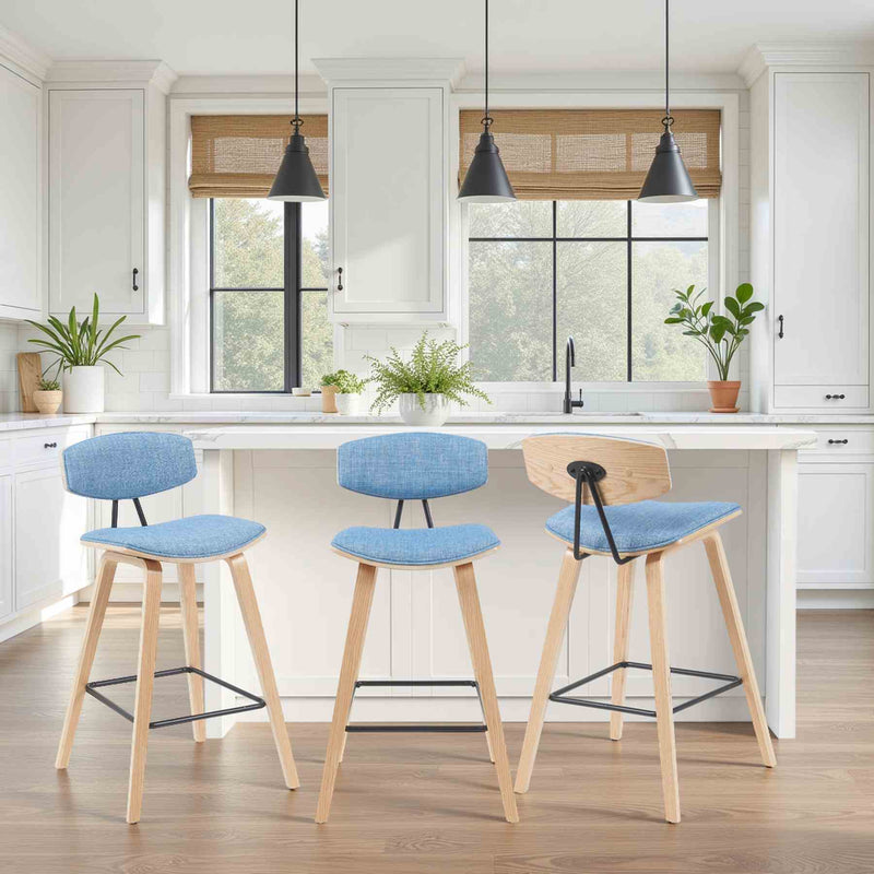 Fox Modern Swivel Counter Height Bar Stool with Light Blue Upholstered Seat and Patterned Oak Wood Frame - Furniture City (CA)l