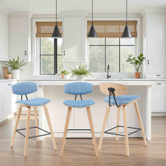 Fox Modern Swivel Counter Height Bar Stool with Light Blue Upholstered Seat and Patterned Oak Wood Frame