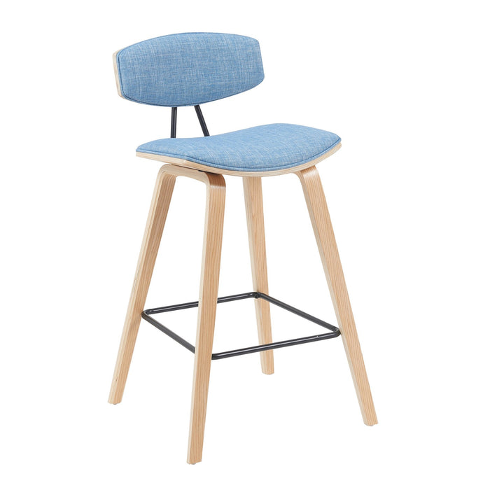 Fox Modern Swivel Bar Height Stool with Light Blue Upholstered Seat and Patterned Oak Wood Frame