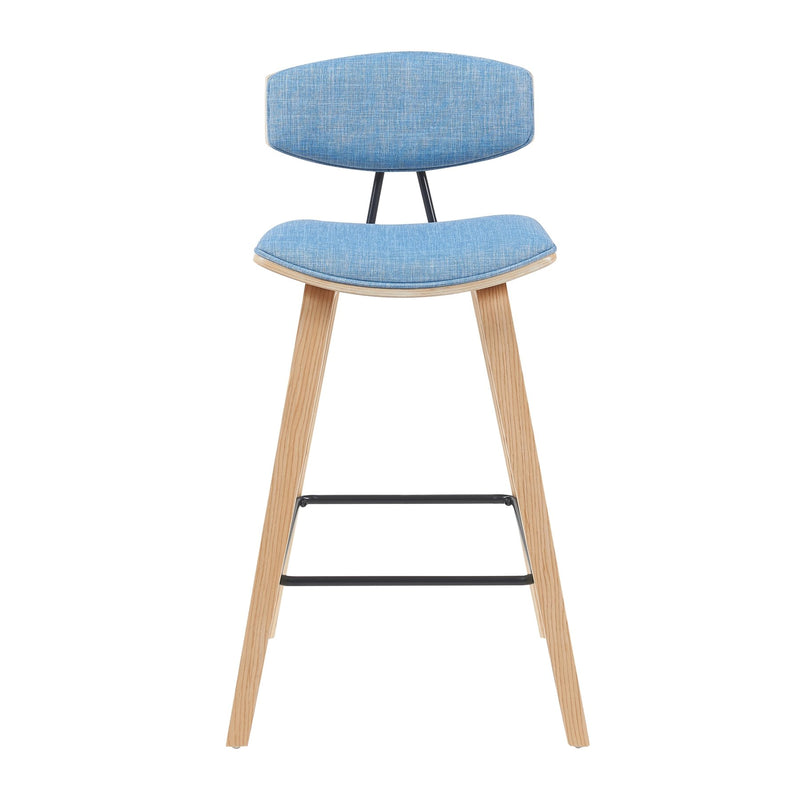 Fox Modern Swivel Bar Height Stool with Light Blue Upholstered Seat and Patterned Oak Wood Frame - Furniture City (CA)l