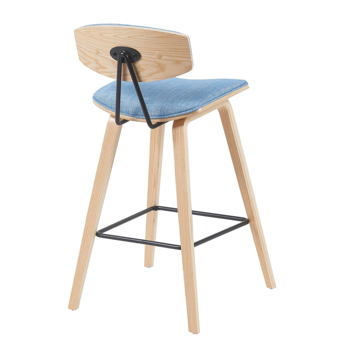 Fox Modern Swivel Bar Height Stool with Light Blue Upholstered Seat and Patterned Oak Wood Frame