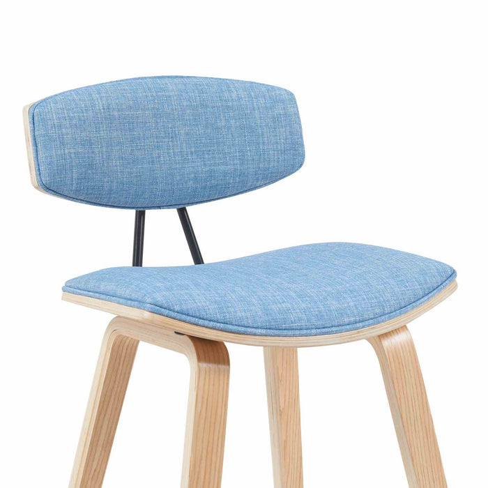 Fox Modern Swivel Bar Height Stool with Light Blue Upholstered Seat and Patterned Oak Wood Frame