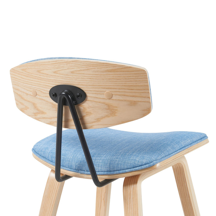 Fox Modern Swivel Bar Height Stool with Light Blue Upholstered Seat and Patterned Oak Wood Frame