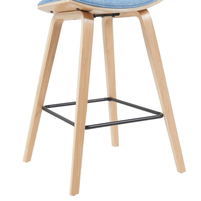 Fox Modern Swivel Bar Height Stool with Light Blue Upholstered Seat and Patterned Oak Wood Frame