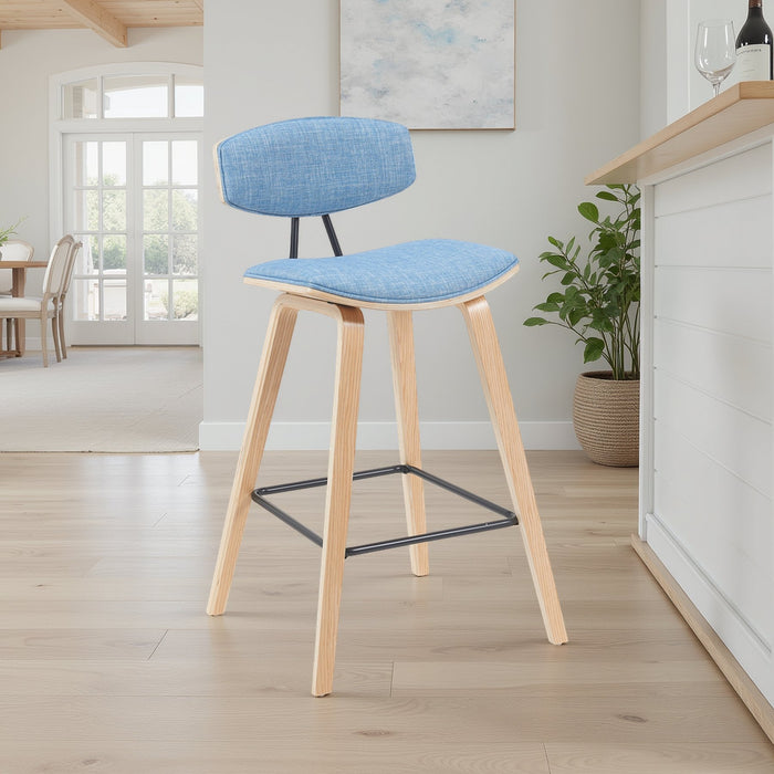 Fox Modern Swivel Bar Height Stool with Light Blue Upholstered Seat and Patterned Oak Wood Frame