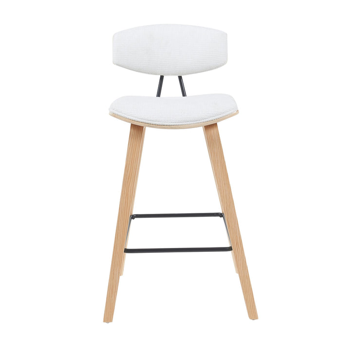 Fox Modern Swivel Counter Height Bar Stool with White Upholstered Seat and Patterned Oak Wood Frame