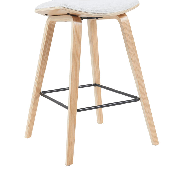 Fox Modern Swivel Counter Height Bar Stool with White Upholstered Seat and Patterned Oak Wood Frame