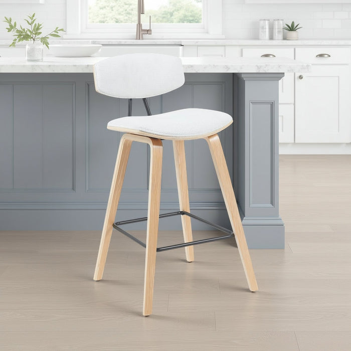Fox Modern Swivel Counter Height Bar Stool with White Upholstered Seat and Patterned Oak Wood Frame