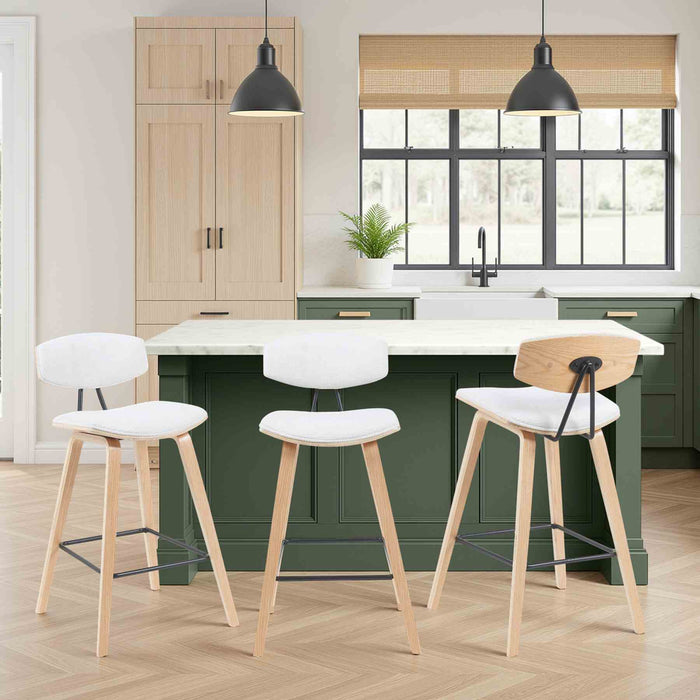 Fox Modern Swivel Counter Height Bar Stool with White Upholstered Seat and Patterned Oak Wood Frame