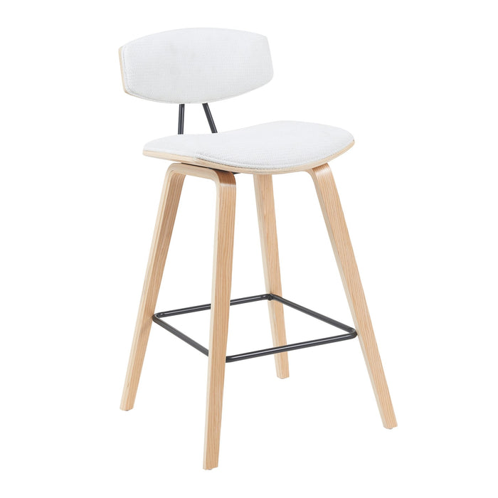Fox Modern Swivel Bar Height Stool with White Upholstered Seat and Patterned Oak Wood Frame
