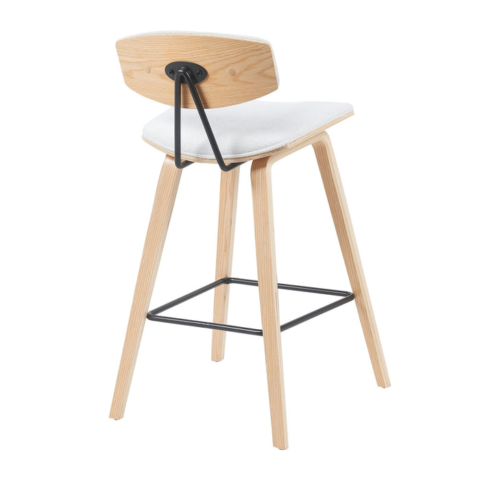 Fox Modern Swivel Bar Height Stool with White Upholstered Seat and Patterned Oak Wood Frame