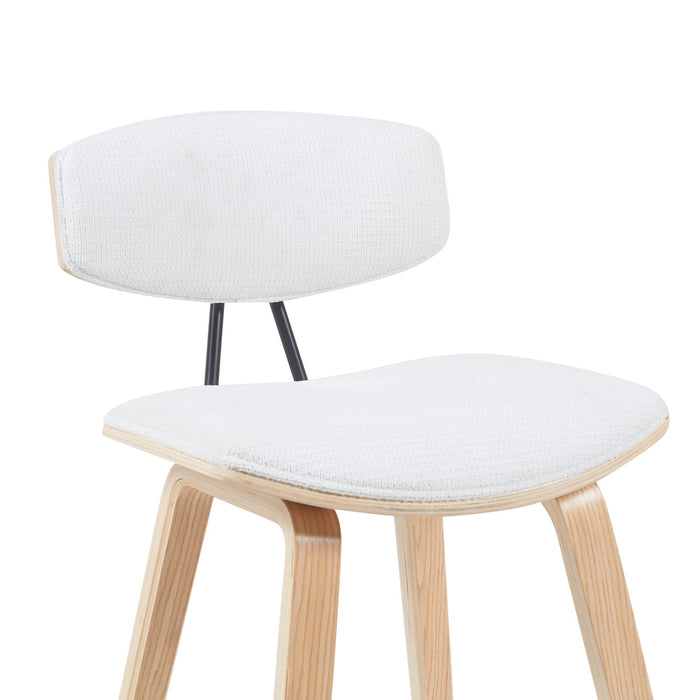 Fox Modern Swivel Bar Height Stool with White Upholstered Seat and Patterned Oak Wood Frame