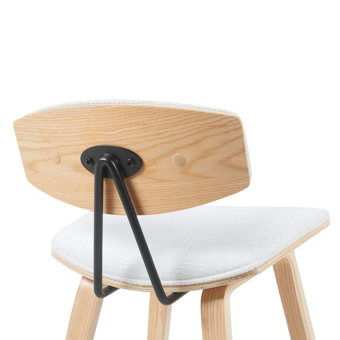 Fox Modern Swivel Bar Height Stool with White Upholstered Seat and Patterned Oak Wood Frame