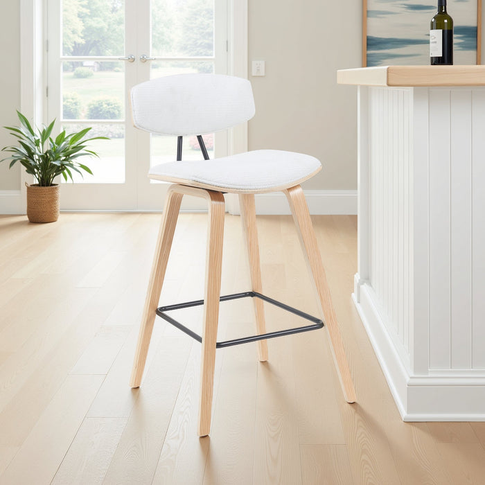 Fox Modern Swivel Bar Height Stool with White Upholstered Seat and Patterned Oak Wood Frame